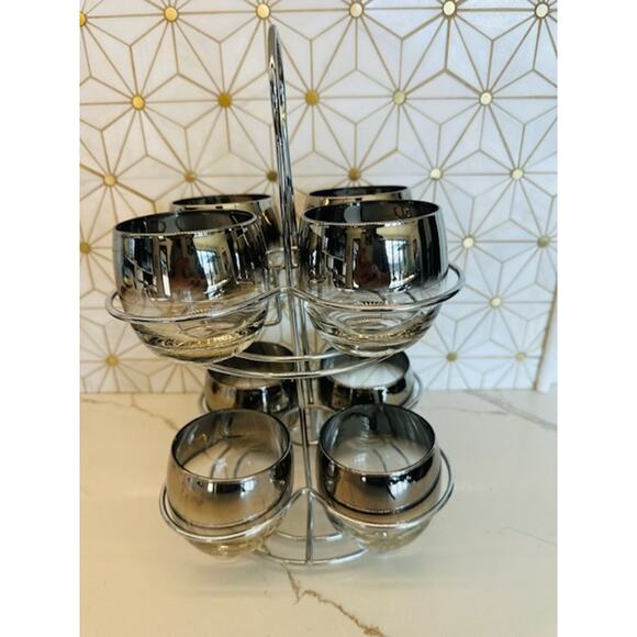 Vintage Silver Fade Lowball Glasses with Caddy | Set of 8 | Mid-Century Modern - Picture 3 of 9